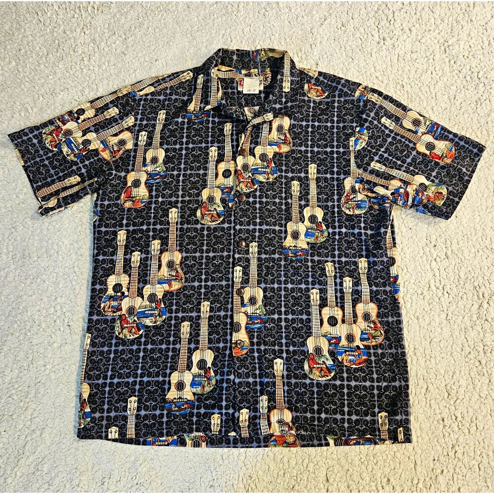 VTG 90s Hilo Hattie Shirt Rayon Hawaiian USA Aloha Mens L Ukelele Graphic SS